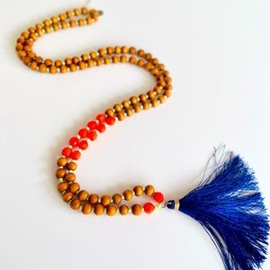 ENVIOUS Boho Wooden Beaded Tassel Necklace - Blue & Orange - NEW